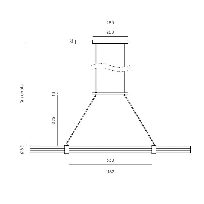 Walnut linear LED pendant, dimension drawing