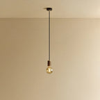 Walnut pendant with tinted glass filament bulb, lit, against a plain wall