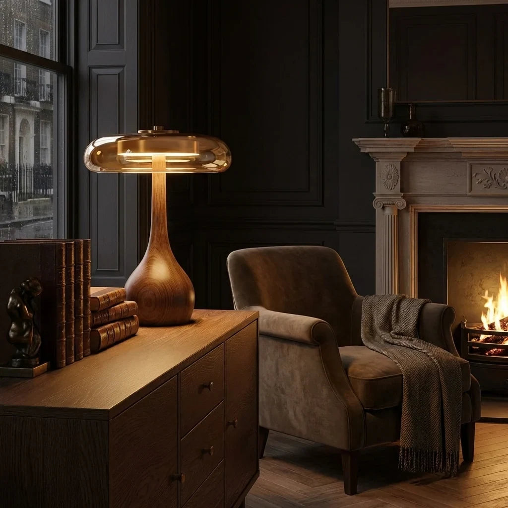 Walnut-tone timber table lamp with a tinted glass disc, lit on a sideboard