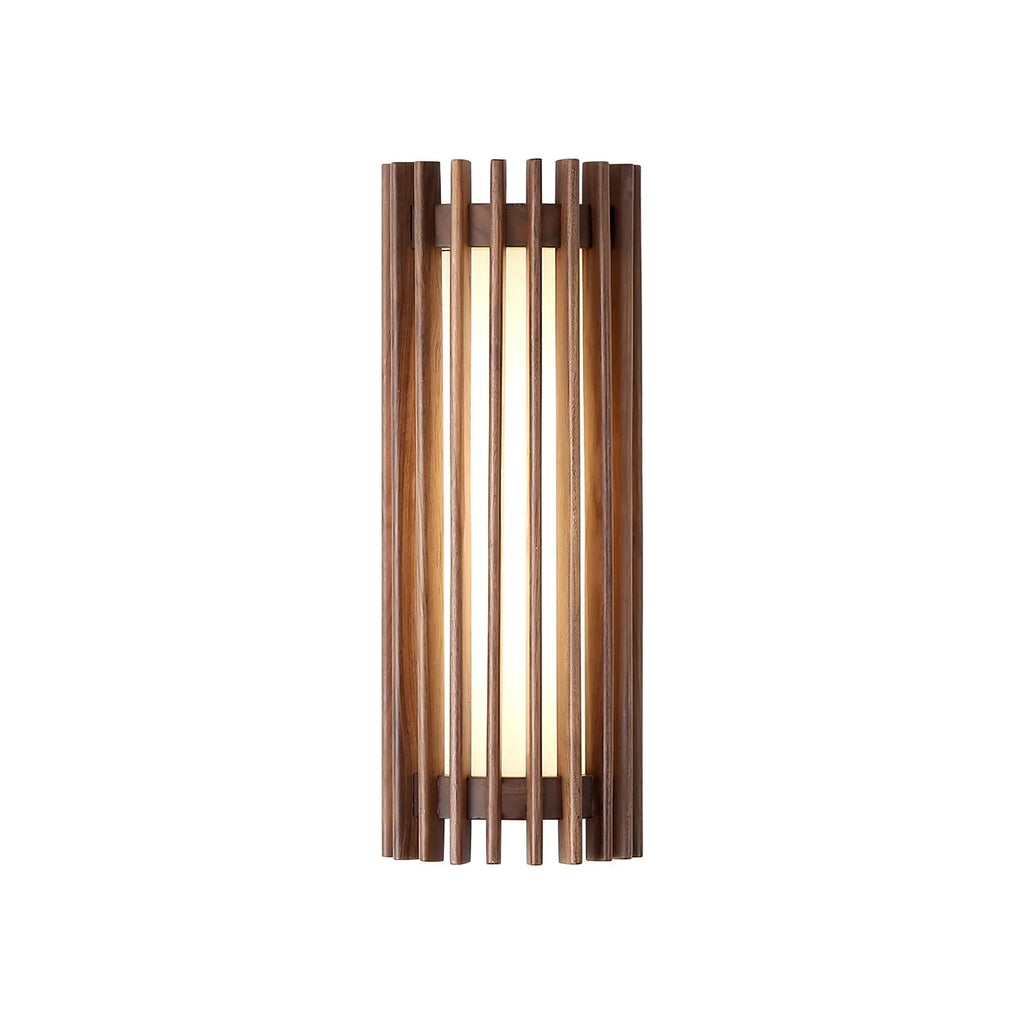 Walnut wood slatted wall light, on a white background