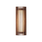 Walnut wood slatted wall light, on a white background
