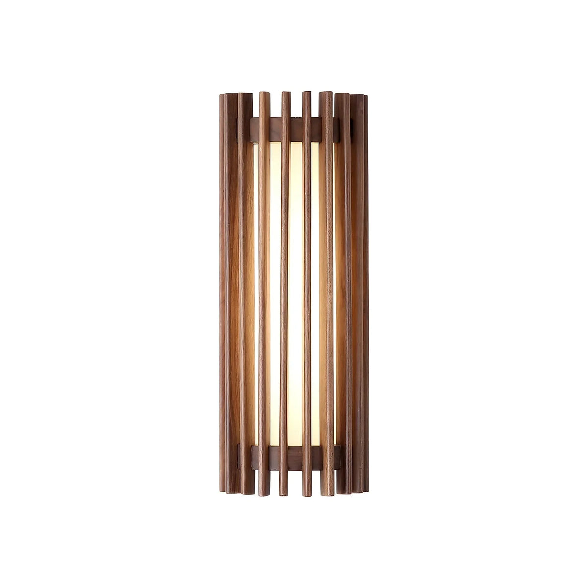 Walnut wood slatted wall light, on a white background