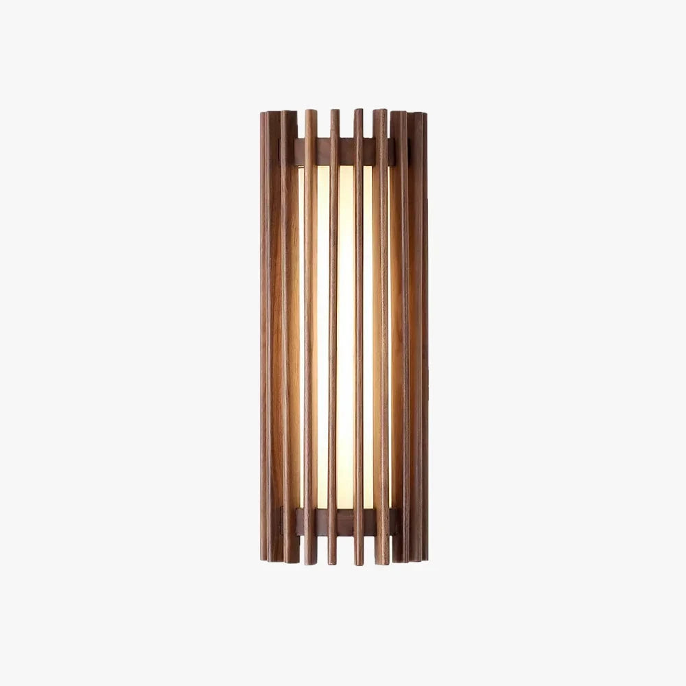 Walnut wood slatted wall light, 36cm, on a white background