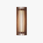 Walnut wood slatted wall light, 36cm, on a white background