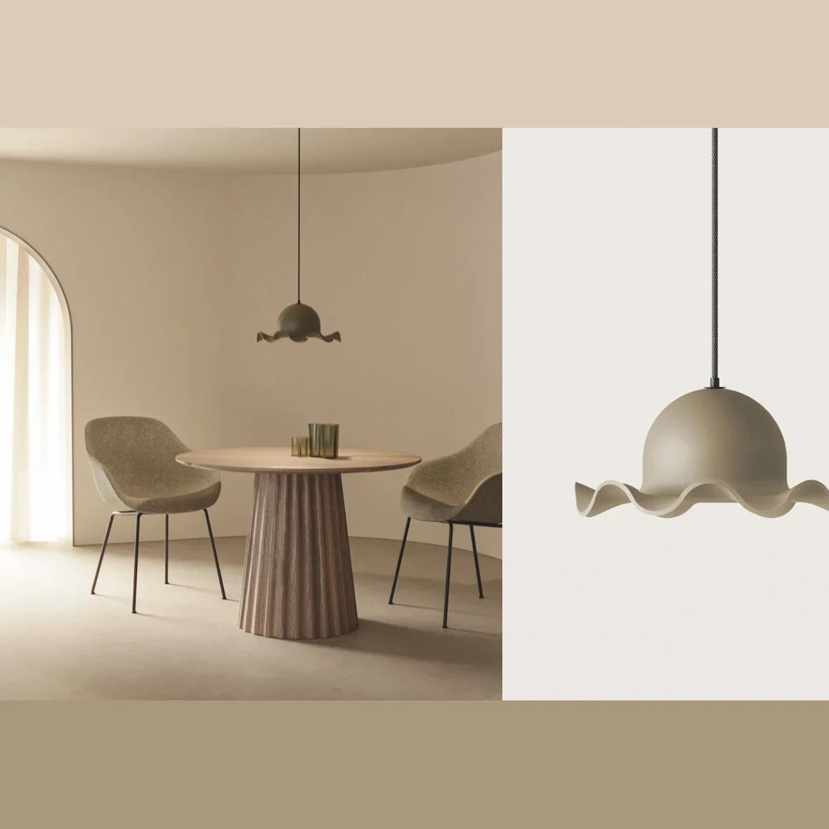 Wavy-brim hand-painted ceramic pendant, above a round dining table