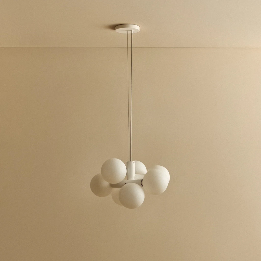 White steel globe cluster chandelier, unlit