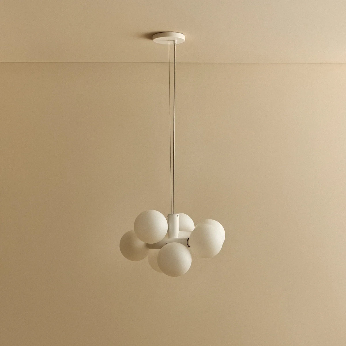 White steel globe cluster chandelier, unlit
