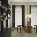 White steel globe cluster chandelier, above a dining table