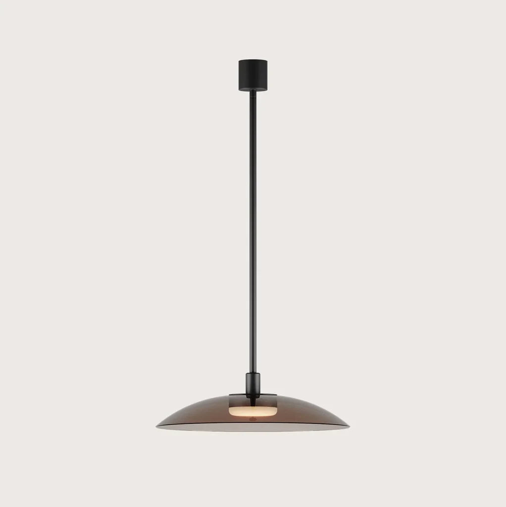 Wide glass disc LED pendant, with grey glass on a plain background