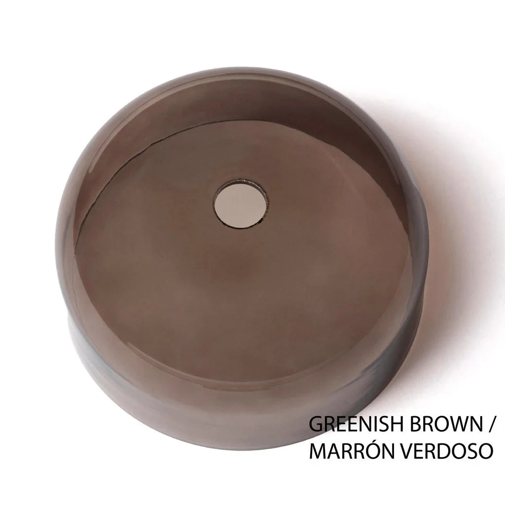 Wide glass disc LED pendant, greenish brown glass shade