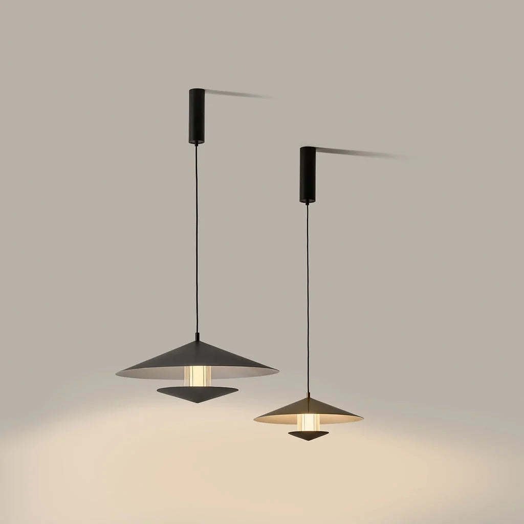 Wide saucer LED pendant with walnut accent, lit, casting light below