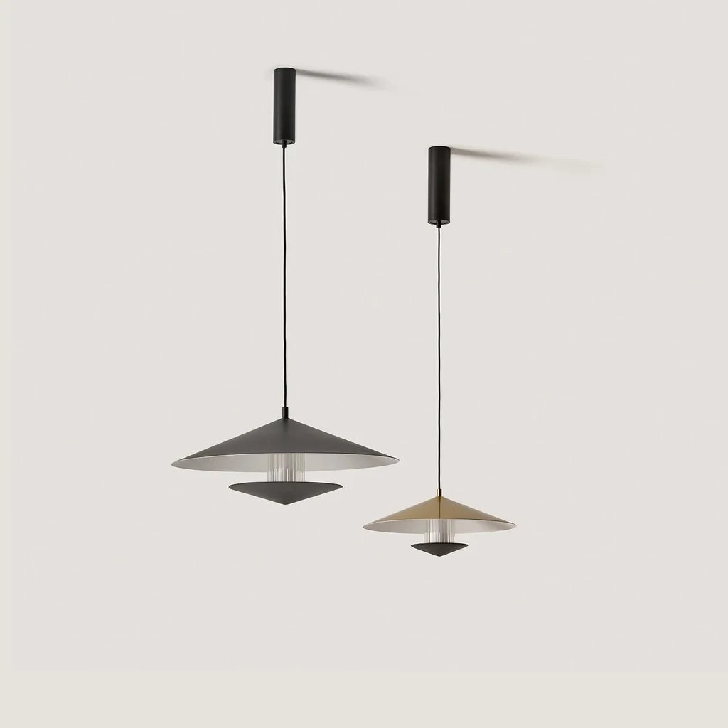 Wide saucer LED pendant with walnut accent, two sizes together