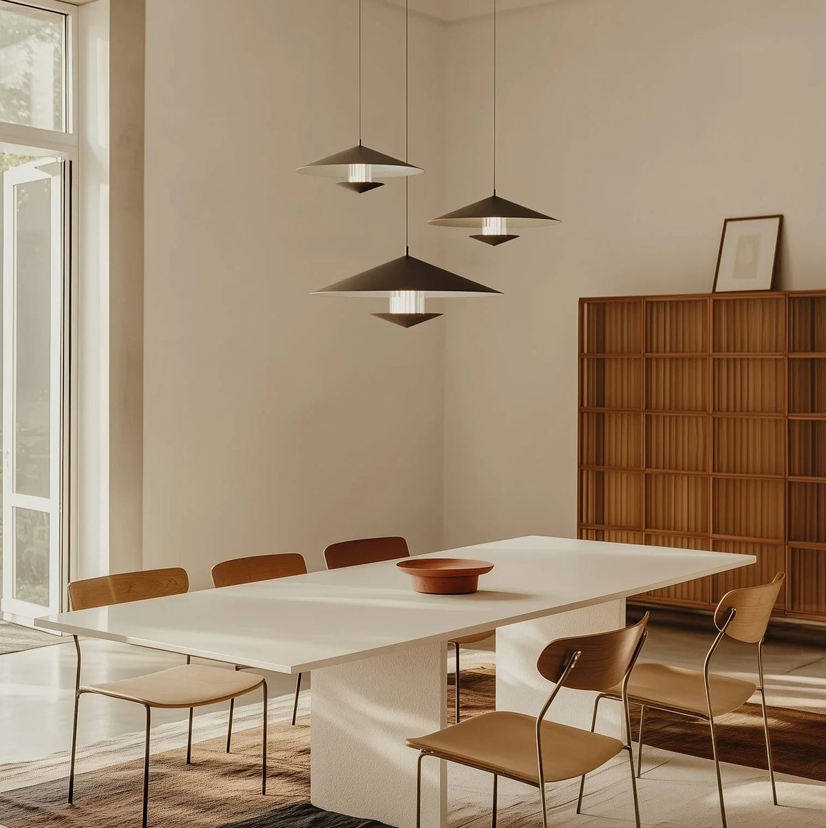 Wide saucer LED pendant with walnut accent, above a dining table