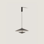 Wide saucer LED pendant with walnut accent, in matte black, side view