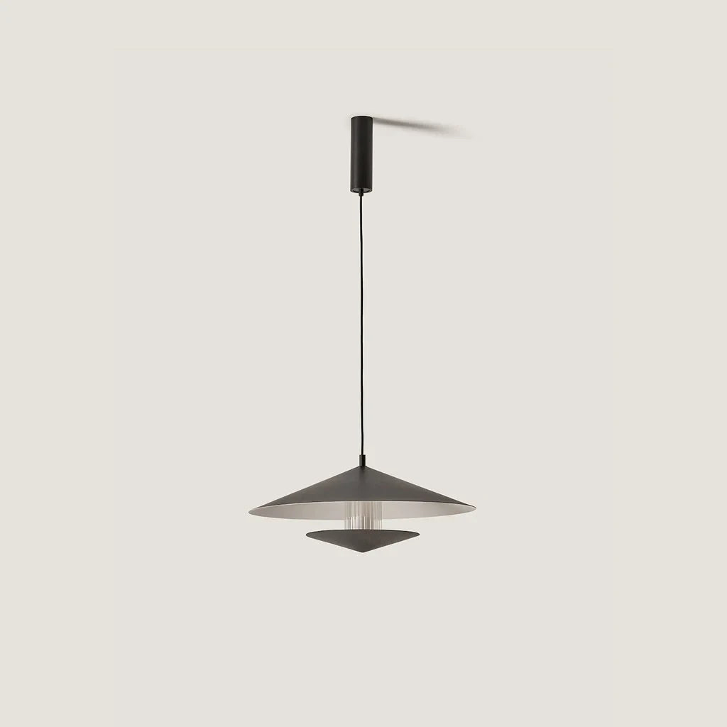 Wide saucer LED pendant with walnut accent, in matte black, side view