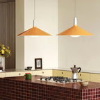 Large yellow wide steel pendant with oval bulb, two above a kitchen island