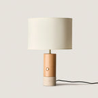 Wood and marble table lamp with drum shade, in beech wood with a pale stone foot