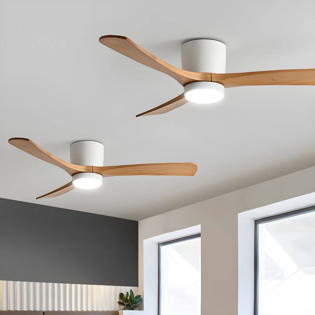 Wooden blade ceiling fan with LED light, in a living room