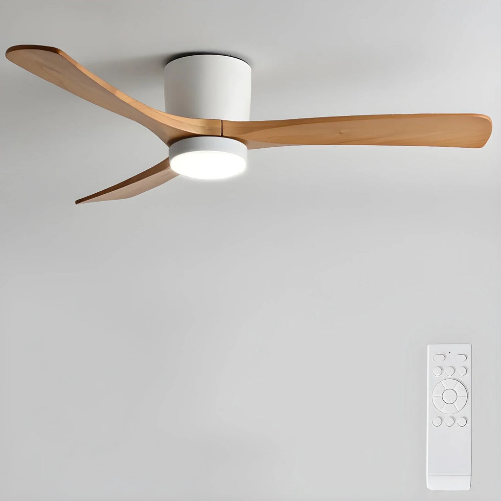 Wooden blade ceiling fan with LED light, with its remote control