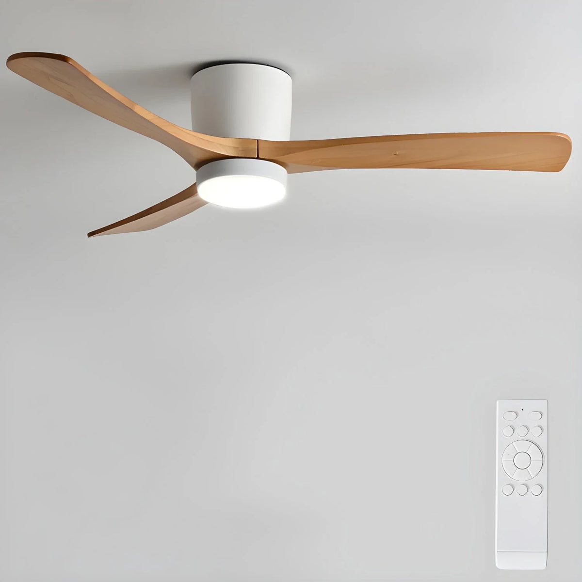 Wooden blade ceiling fan with LED light, with its remote control