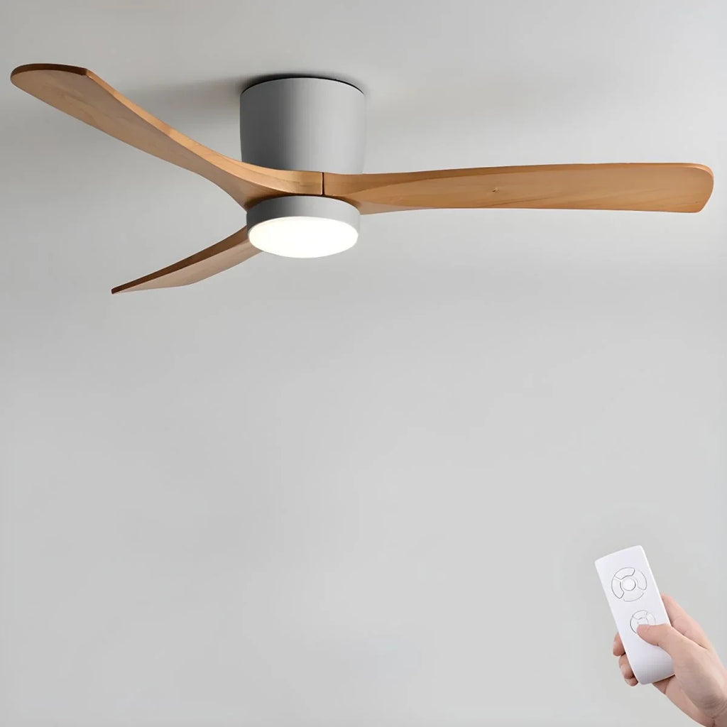 Wooden blade ceiling fan with LED light, with the remote in hand