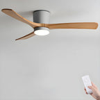 Wooden blade ceiling fan with LED light, with the remote in hand