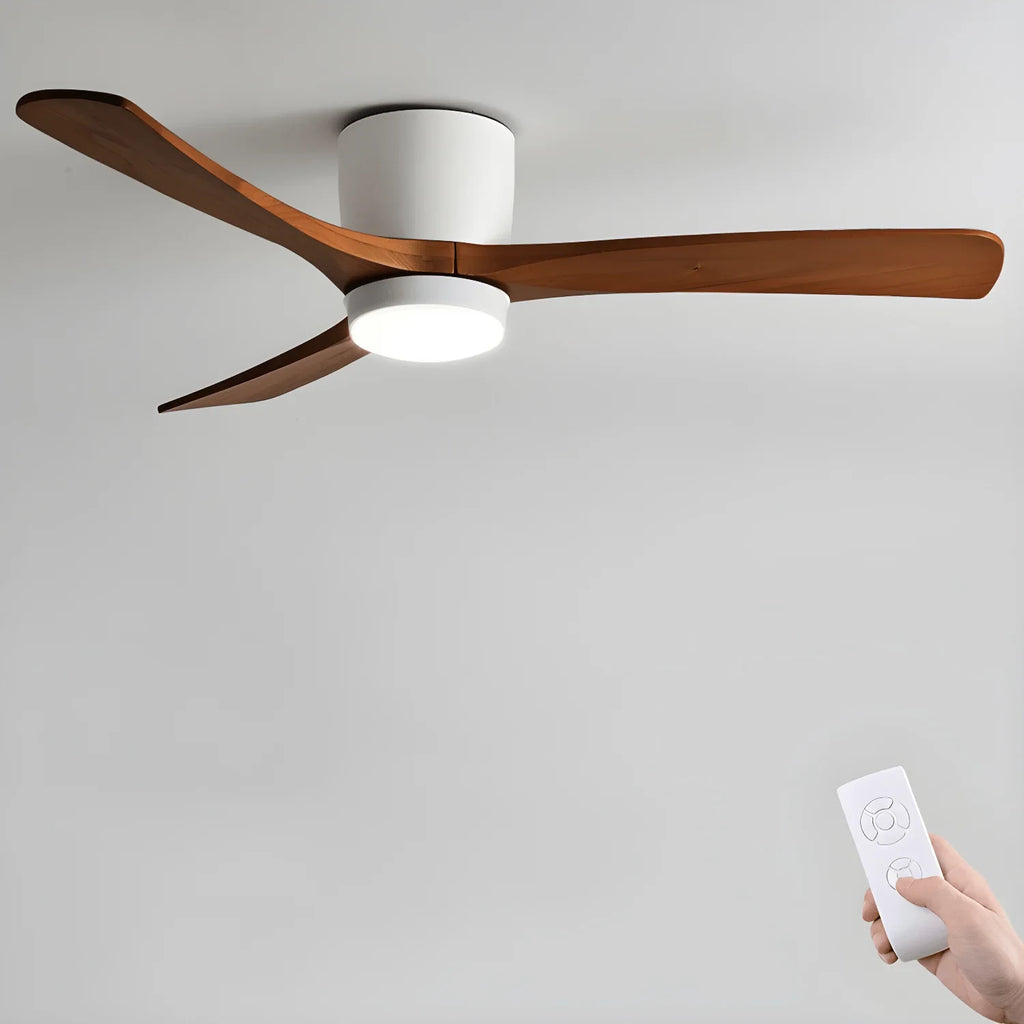 Wooden blade ceiling fan with LED light, with the remote in hand