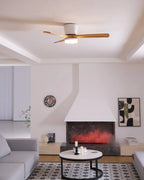 Wooden blade ceiling fan with LED light, in a living room with a fireplace