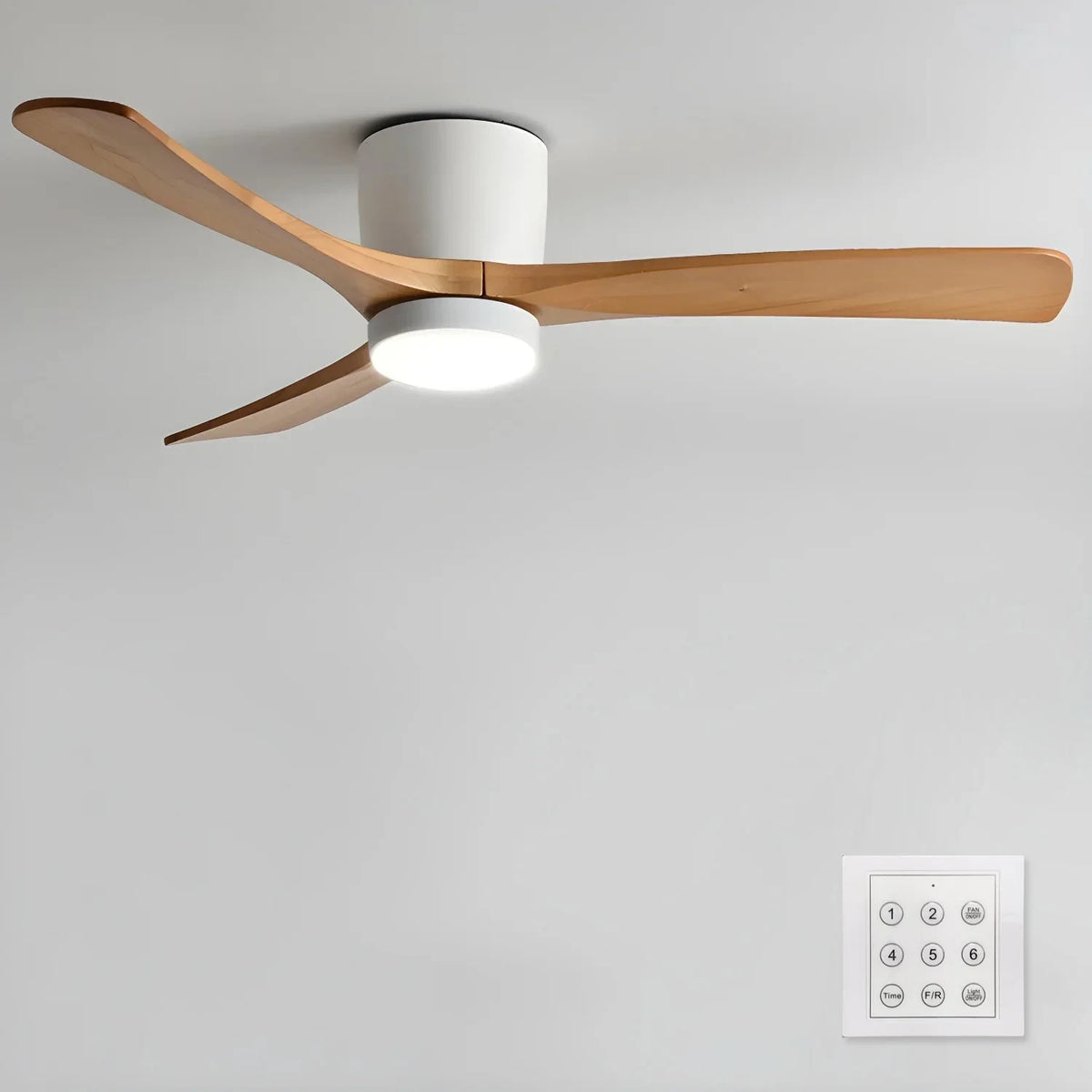 Wooden blade ceiling fan with LED light, White with natural wood blades, 91cm (36in)