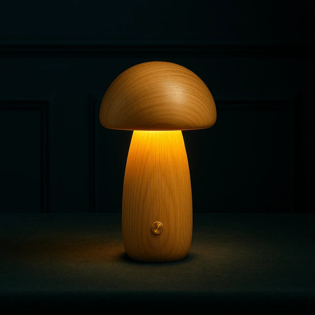 Wooden mushroom cordless table lamp, in oak, lit in the dark