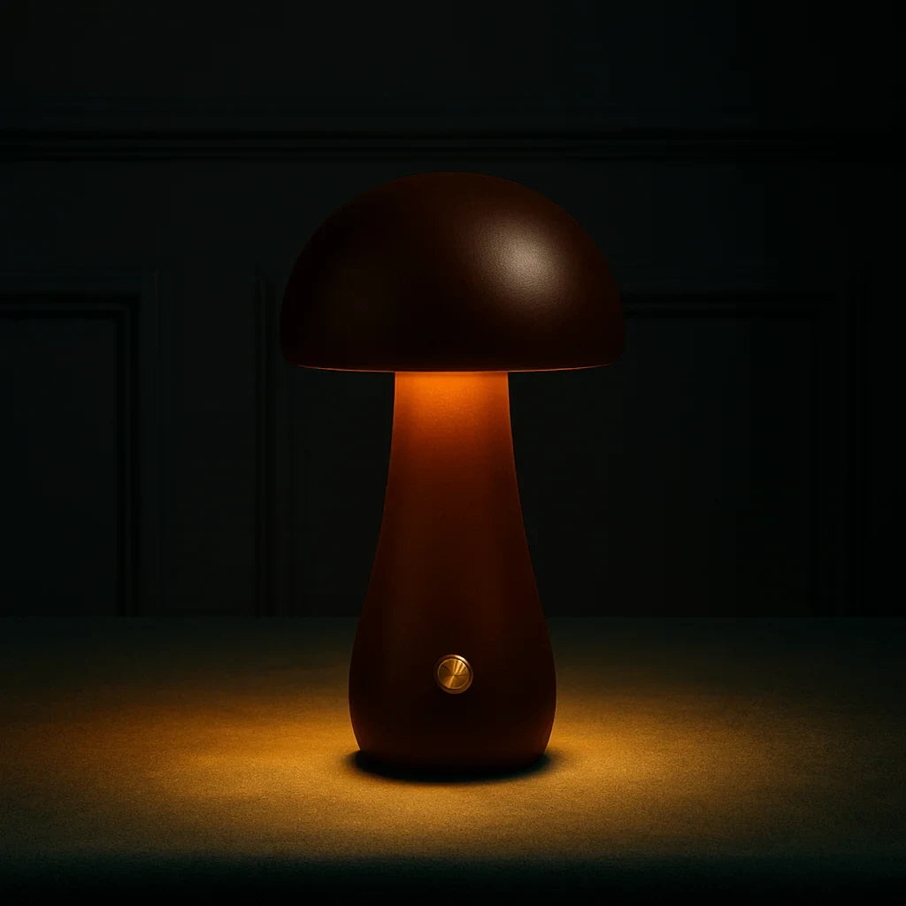 Wooden mushroom cordless table lamp, in walnut, lit in the dark