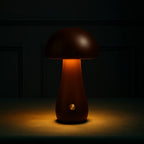 Wooden mushroom cordless table lamp, in walnut, lit in the dark