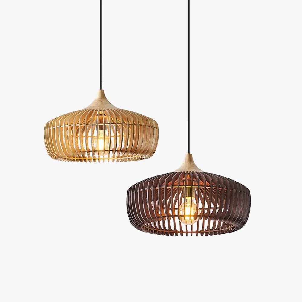 Wooden slatted dome pendant light, in natural wood and walnut