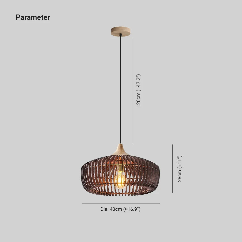 Wooden slatted dome pendant light, with measurements