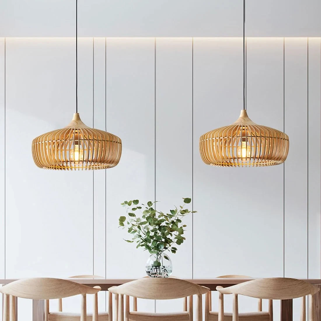 Wooden slatted dome pendant light, Natural wood
