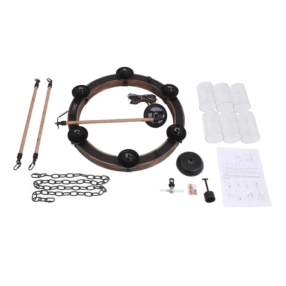 Wooden wheel chandelier with seeded glass shades, parts included in the box