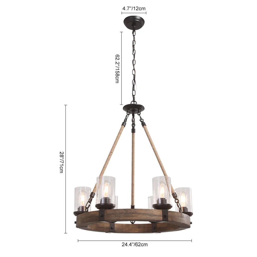 Wooden wheel chandelier with seeded glass shades, with its dimensions