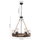 Wooden wheel chandelier with seeded glass shades, with its dimensions