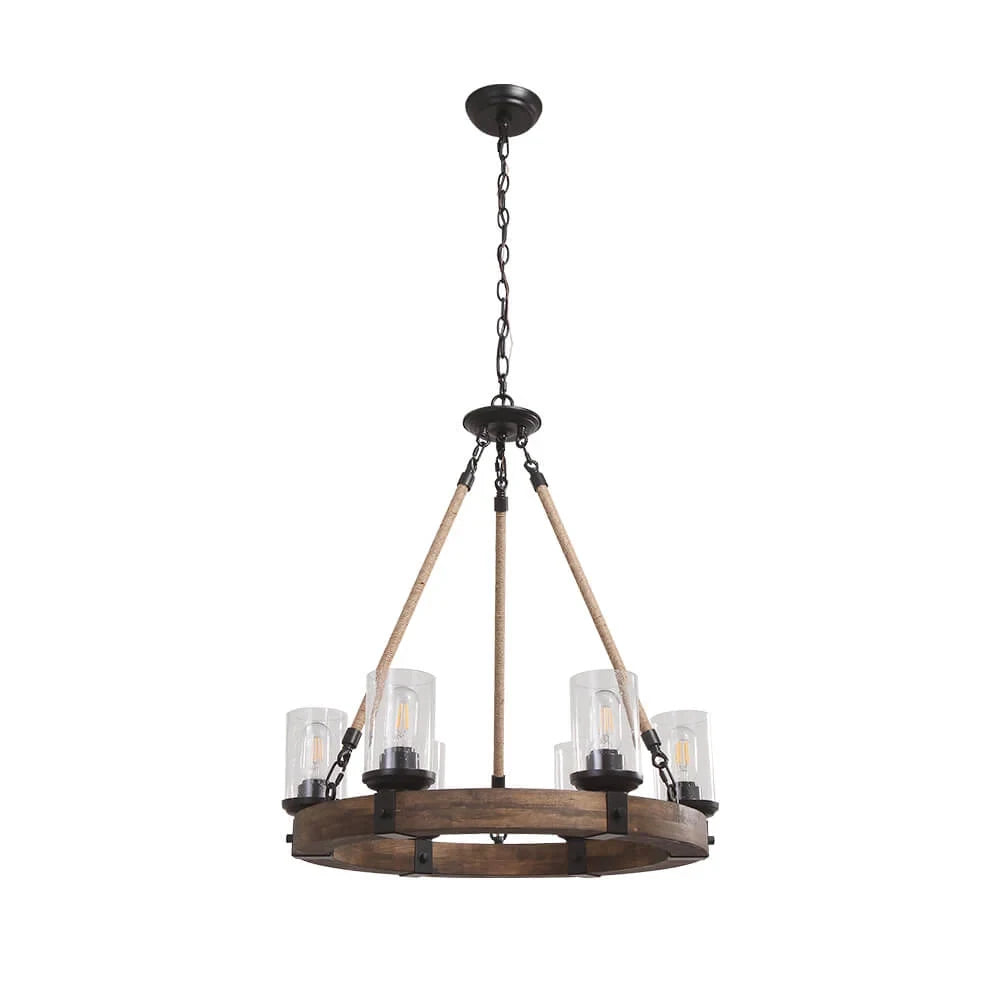 Wooden wheel chandelier with seeded glass shades, on a white background