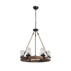 Wooden wheel chandelier with seeded glass shades, on a white background