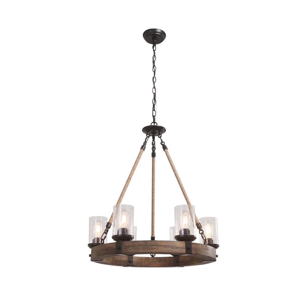 Wooden wheel chandelier with seeded glass shades, on a white background