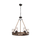 Wooden wheel chandelier with seeded glass shades, on a white background