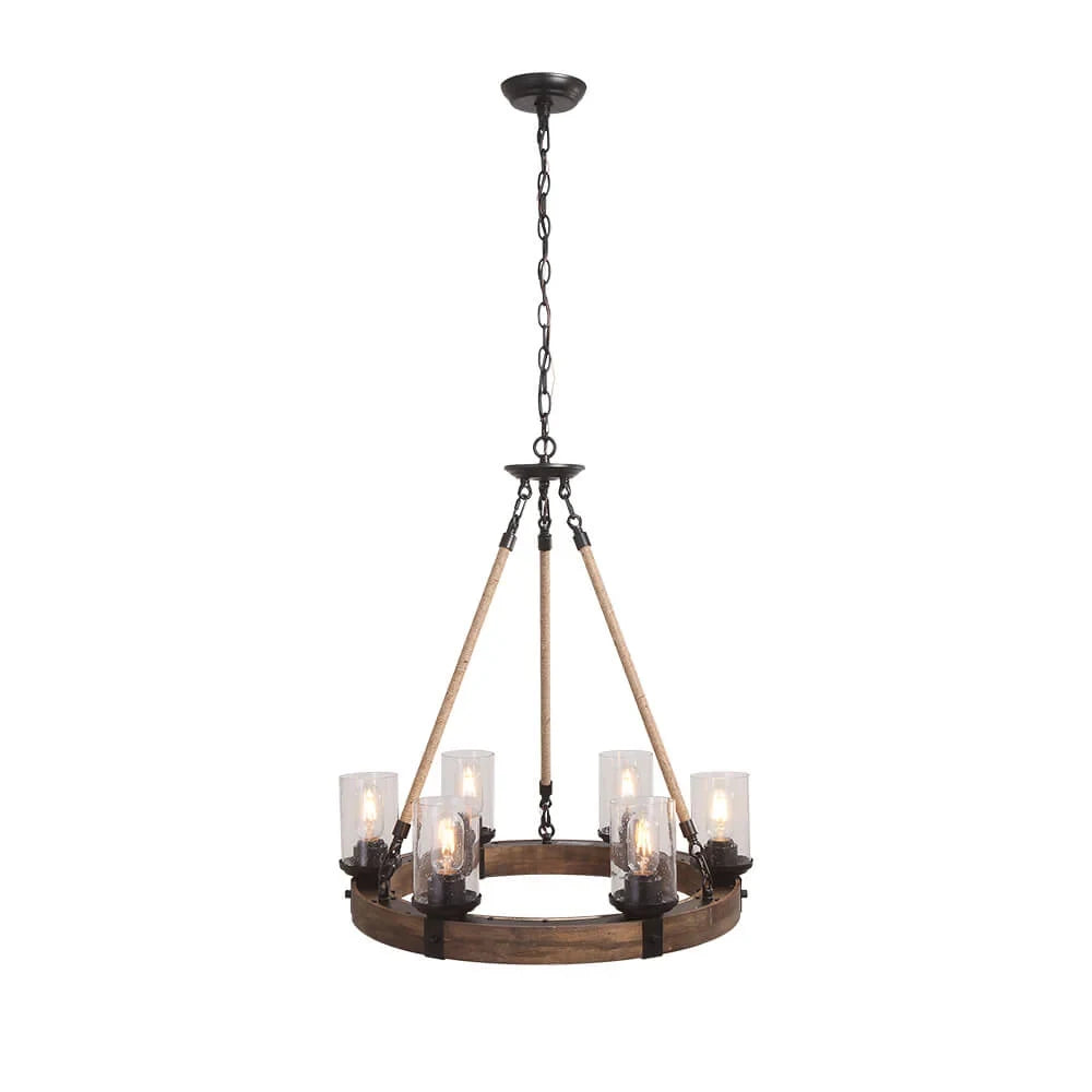 Wooden wheel chandelier with seeded glass shades, on a white background
