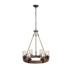 Wooden wheel chandelier with seeded glass shades, on a white background