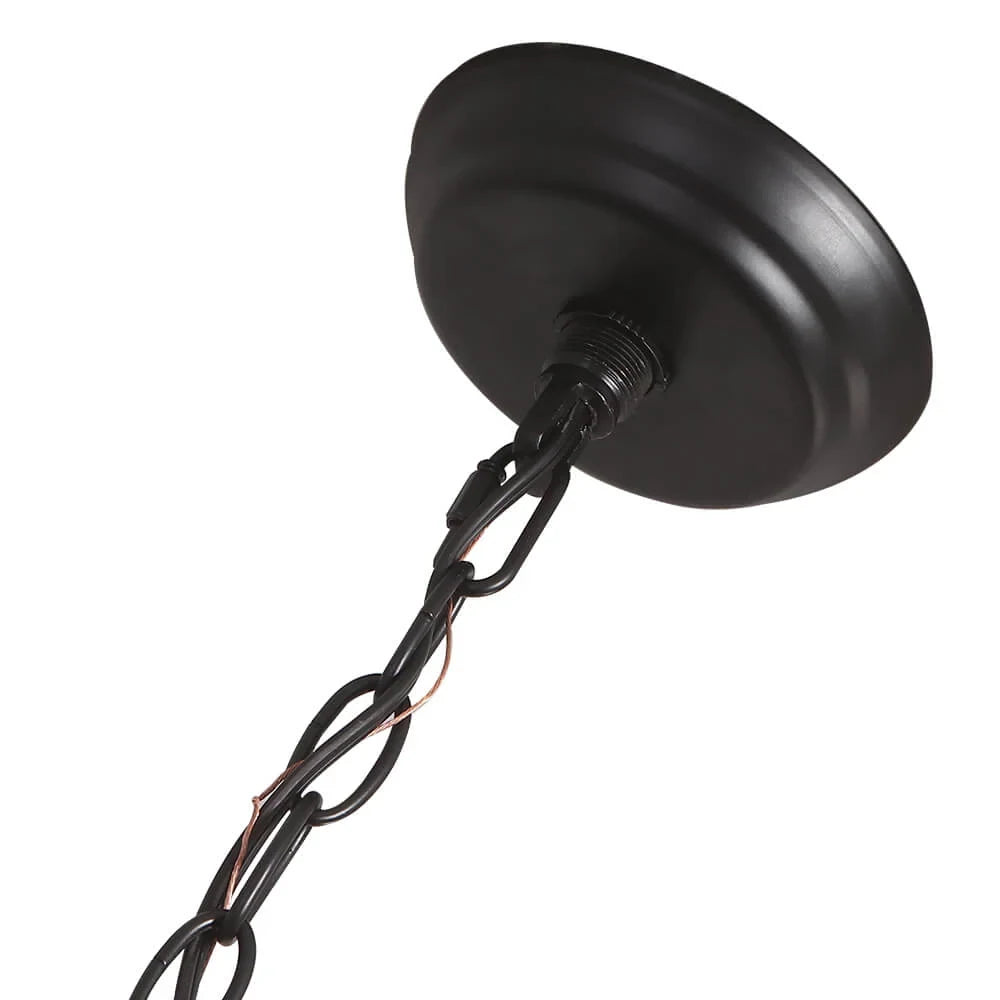 Wooden wheel chandelier with seeded glass shades, black canopy and chain detail