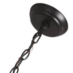 Wooden wheel chandelier with seeded glass shades, black canopy and chain detail