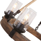 Wooden wheel chandelier with seeded glass shades, close-up of the seeded glass shades