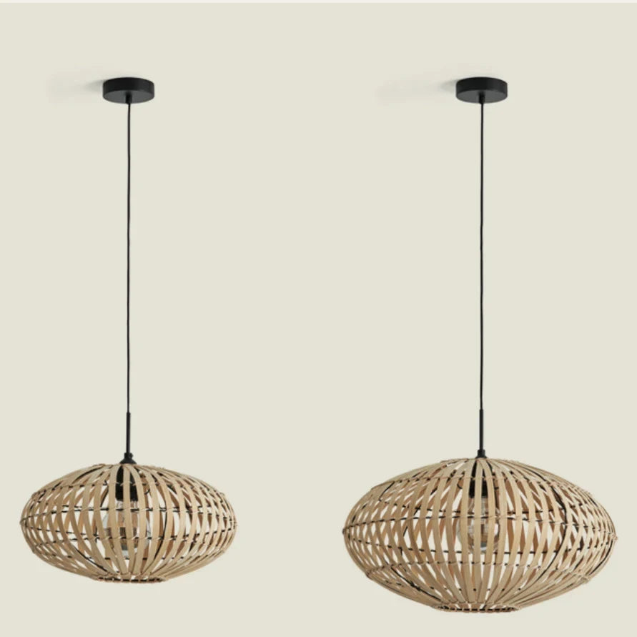 Woven bamboo oval pendant, 40cm and 50cm sizes side by side