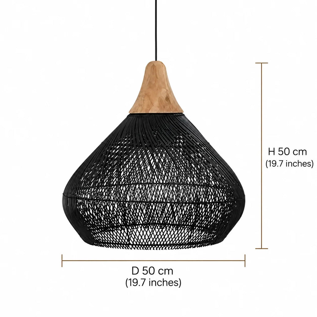 Woven rattan teardrop pendant light, in black, with measurements