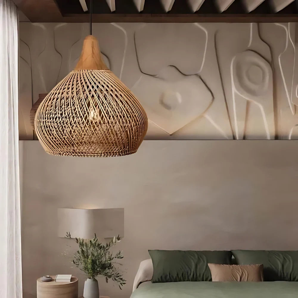 Woven rattan teardrop pendant light, in natural, in a living room